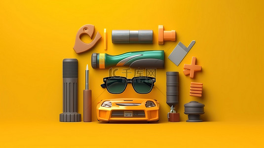 搜索栏设计元素的 3D 插图，具有各种设备，如哑铃太阳镜汽车和锤子