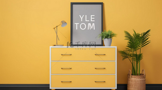 黄墙上的 3D 渲染海报框架模型，配有白色灰色和黄色抽屉柜和装饰品