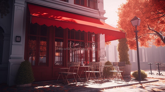 卡咖啡背景图片_一家迷人的咖啡店，有红色遮阳篷树和灯笼 3D 渲染图像