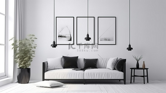 黑色皮革沙发和斯堪的纳维亚风格的现代客厅内部配有空白框架模型和白色空墙 3D 渲染
