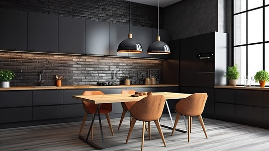华丽的斯堪的纳维亚厨房，配有令人惊叹的 3D 渲染黑色瓷砖装饰