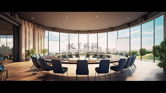 豪华企业会议空间的 3D 渲染，享有全景和充足的日光