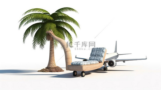 躺椅背景图片_白色背景下飞机躺椅和棕榈树的 3D 渲染