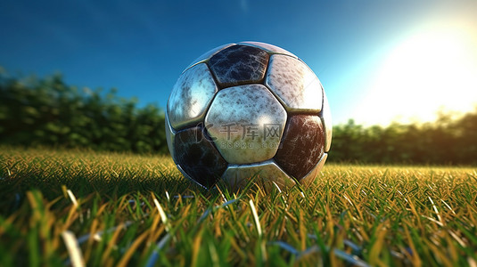 郁郁葱葱的绿色球场上足球的 3D 渲染插图
