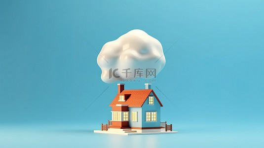 迷你房子和灯泡与蓝色背景上的云 3D 渲染用于购买和销售家居概念