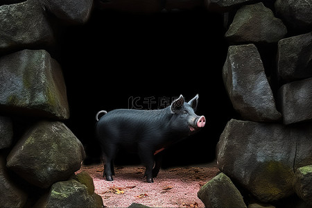 一头猪站在由岩石制成的石壁龛中