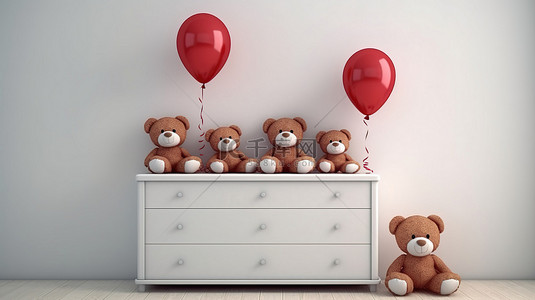 儿童节晚会展板背景图片_可爱的毛绒泰迪熊躺在白色的架子上，旁边还有 3D 红色气球