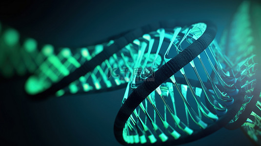 3D 渲染 DNA 螺旋与绿色和蓝色背景空间的复制