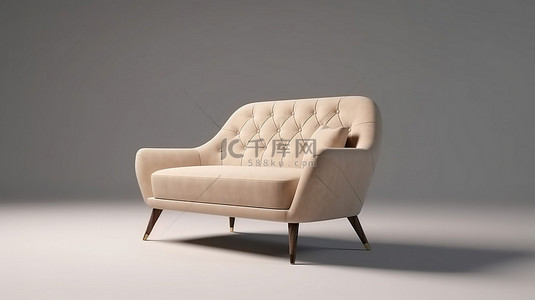 现代沙发，米色色调，纽扣细节，从侧面看 3D 渲染