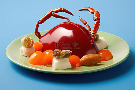 蓝色桌布上放着一个盘子，上面放着螃蟹和胡萝卜
