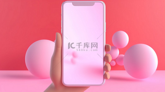 3D 渲染的卡通手拿着粉红色智能手机设备模型