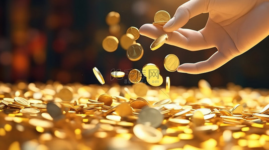 费用收支明细背景图片_确保您的财务手握金币和硬币落在地板上 3D 渲染插图