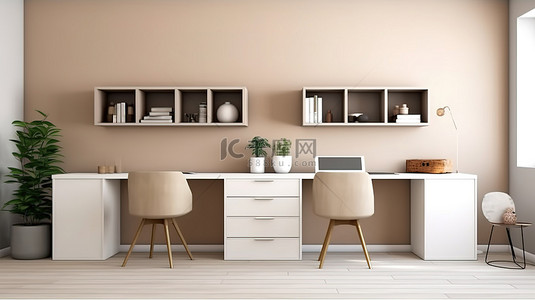 现代风格的 3D 渲染办公柜，配有架子装饰办公桌和两张侧椅