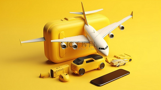 带智能手机相机和手提箱的旅行配件的黄色背景 3D 渲染