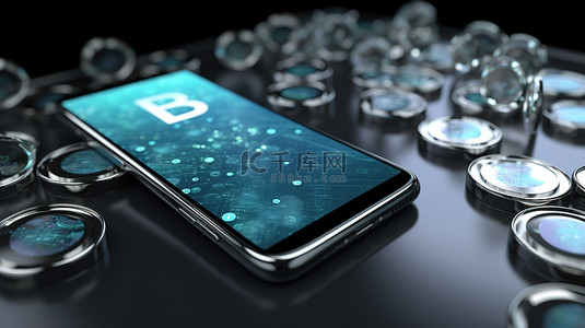 分散式概念 b 硬币在 3d 渲染中与手机在区块链技术的背景象征