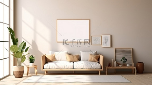 3d 渲染墙模型在阳光照射的现代生活室内与水平框架