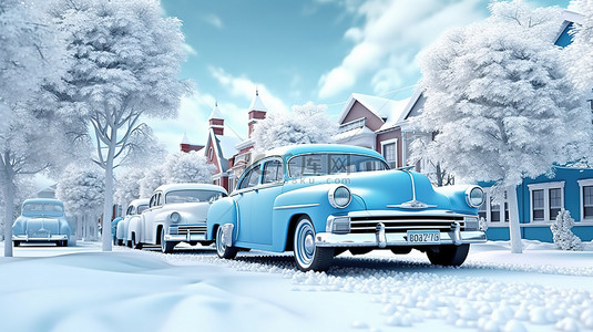 复古蓝色汽车和冬季仙境 3D 渲染和插图视觉