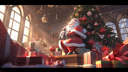 节日场景圣诞老人装饰在 3D 渲染中，在礼品盒和圣诞装饰品中装饰圣诞树