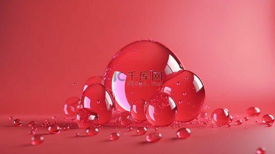 透明心形泡泡背景图片_粉红色背景与 3d 呈现红色的心和气泡