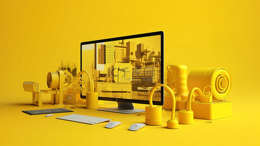 软件编程背景图片_在线营销网站概念在 3d 计算机渲染的黄色背景上说明