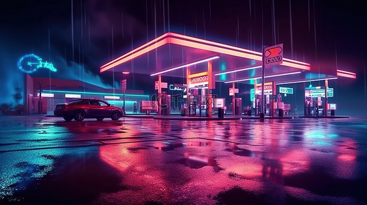 加油站汽车背景图片_发光的加油站和老式汽车赛博朋克场景，色彩鲜艳，雾雨和沥青上的反射 3D 插图