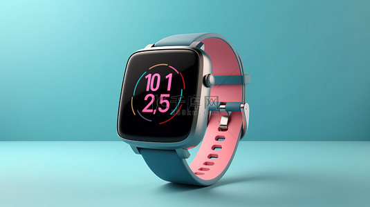 现代粉色智能手表模型，蓝色背景上配有匹配表带 3D 渲染
