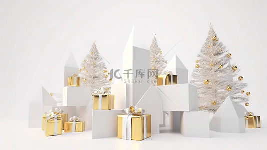 圣诞快乐洋溢着五颜六色的礼盒，上面写着潦草的圣诞树金色表情符号和白色背景上的空白