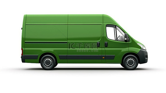 城市友好型绿色商用货车，带有空白白色车身，用于 3D 设计插图和小负载运输
