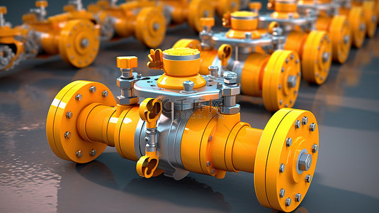 用于石油和天然气管道的工业阀门 3D 渲染提取生产和运输过程的图示