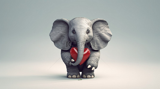 可爱的大象雕塑抱着一颗心，上面有异想天开的插图