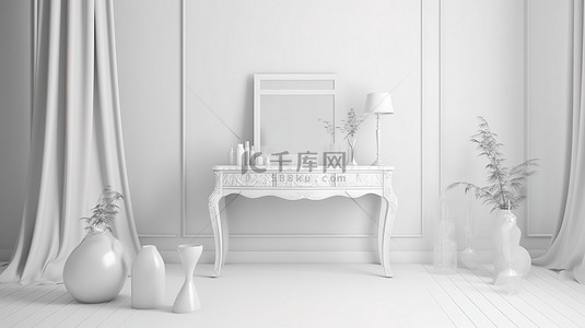美容化妆美甲背景图片_装饰艺术风格的卧室梳妆台配有白色镜子 3D 渲染