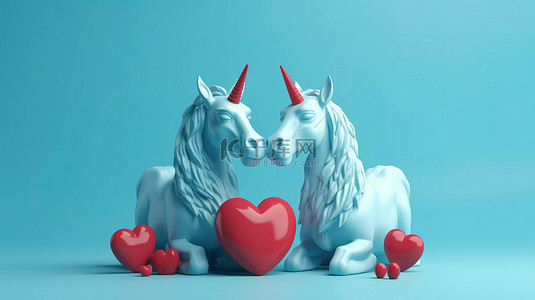 极简主义情人节设计红心和可爱的独角兽在 3d 蓝色背景
