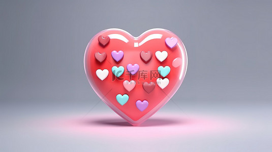 情人节心形 3D 渲染中社交媒体爱情图标的前视图