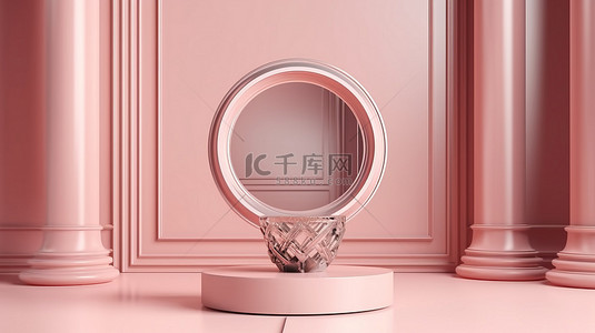 简约的粉色背景，带有 3D 渲染的空圆柱底座和时尚的装饰艺术银框