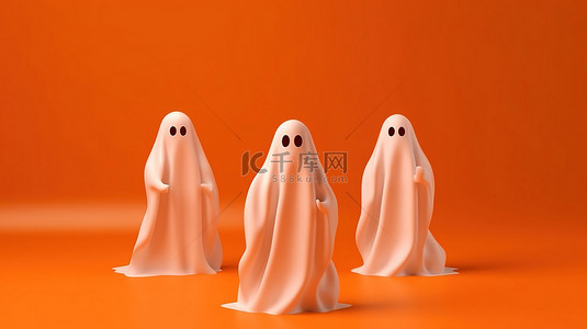 创意万圣节背景图片_橙色背景与 3D 渲染的白色幽灵剪影现代创意万圣节插画