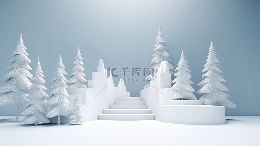 冬季的树背景图片_3d 渲染中的冬季仙境圣诞树和雪基座