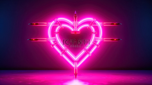 情人节在反光粉红色背景 3D 渲染上用箭头照亮的心