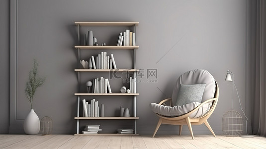 家庭书架背景图片_极简主义书架装饰与 3D 渲染椅子