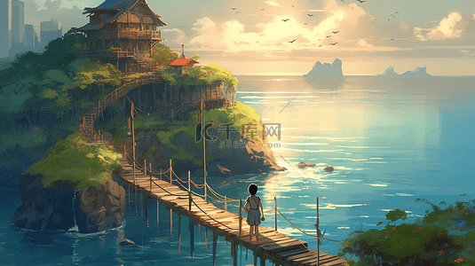 创意水彩卡通背景背景图片_木桥绿色岛屿自然生态背景