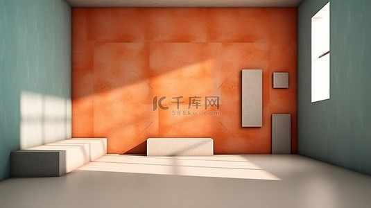 空房间的真实 3D 插图，具有几何形状和裸墙的支架