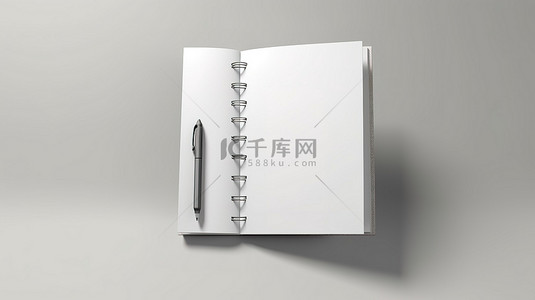 浅灰色背景上带笔的逼真小册子的 3D 插图