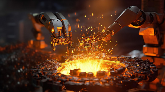 3D 渲染的迷你机器人将熔融金属倒入模具中，用于自动化工业流程