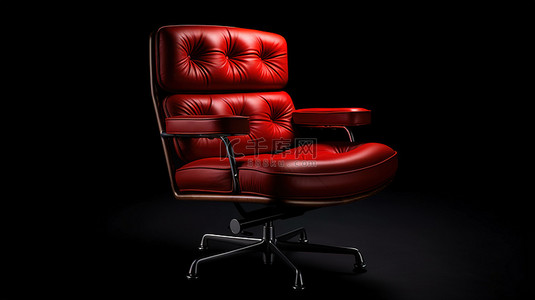 光滑的红色皮革行政椅在黑色背景 3D 渲染下被体积光照亮