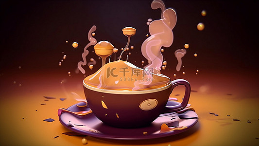 抽象创意彩色渐变背景图片_咖啡饮品杯子卡通烟雾
