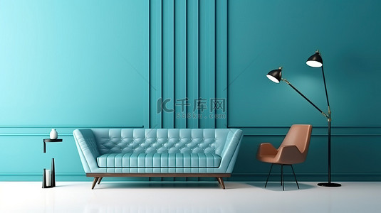 客厅的 3D 渲染，采用中世纪现代室内设计和蓝色墙壁图案背景