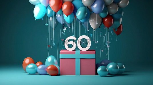 快乐的 60 岁生日庆典气球彩旗和精美 3D 礼品盒
