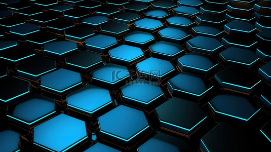 黑色和蓝色六边形图案的 3D 渲染