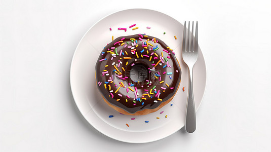 吃蛋糕吃蛋糕背景图片_美味的巧克力甜甜圈，配有彩色洒水，配有白色背景 3D 渲染的叉子和刀顶视图