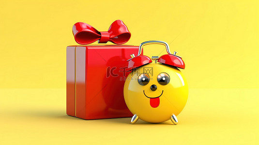 欢快的闹钟吉祥物拿着一个礼盒，礼盒上有一条红丝带，背景是 3D 渲染的充满活力的黄色背景