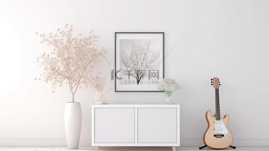 客厅家具海报背景图片_宽敞的白色客厅的 3D 渲染，配有柜花吉他和镶框海报